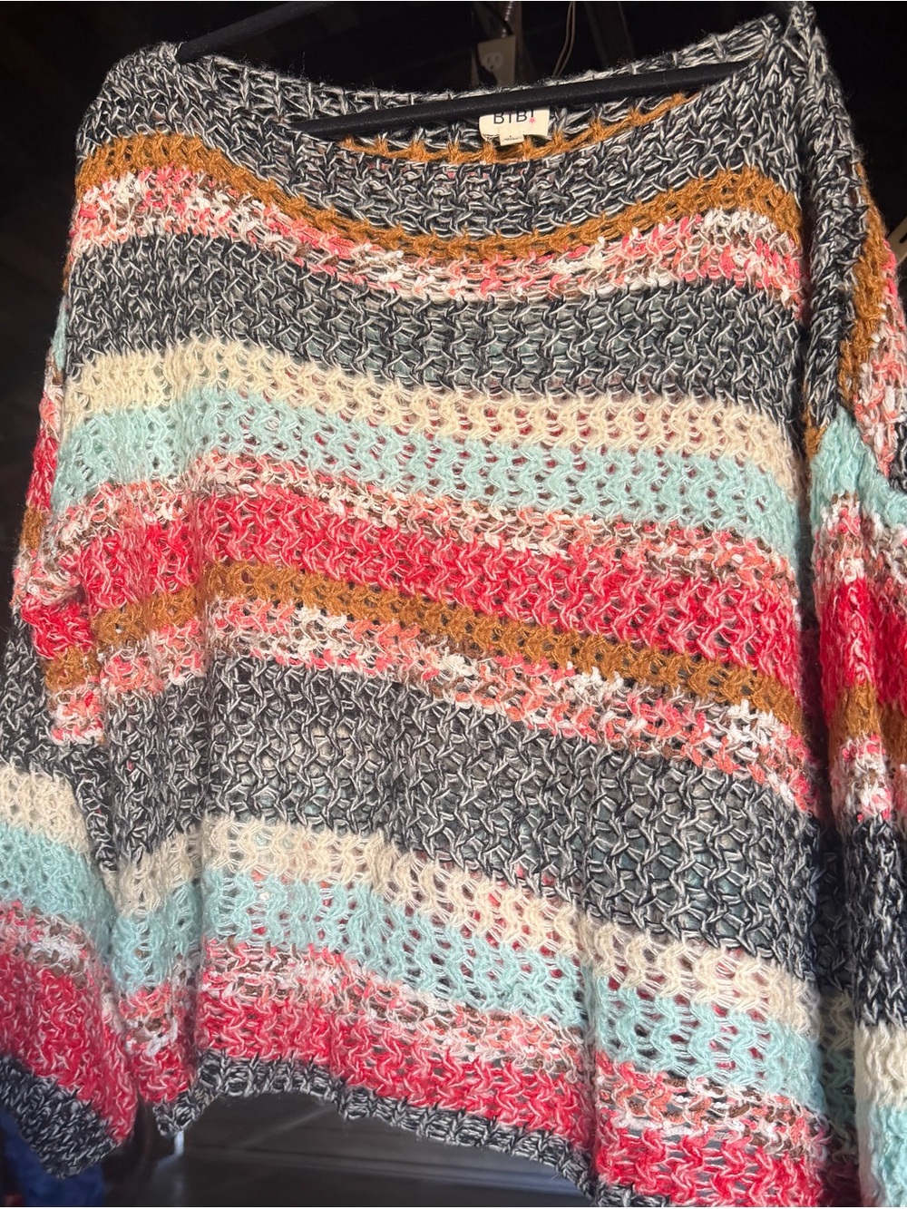 BiBi Multi-Color Open Knit Striped Women’s Sweater - Red, Black, Mint, Cream